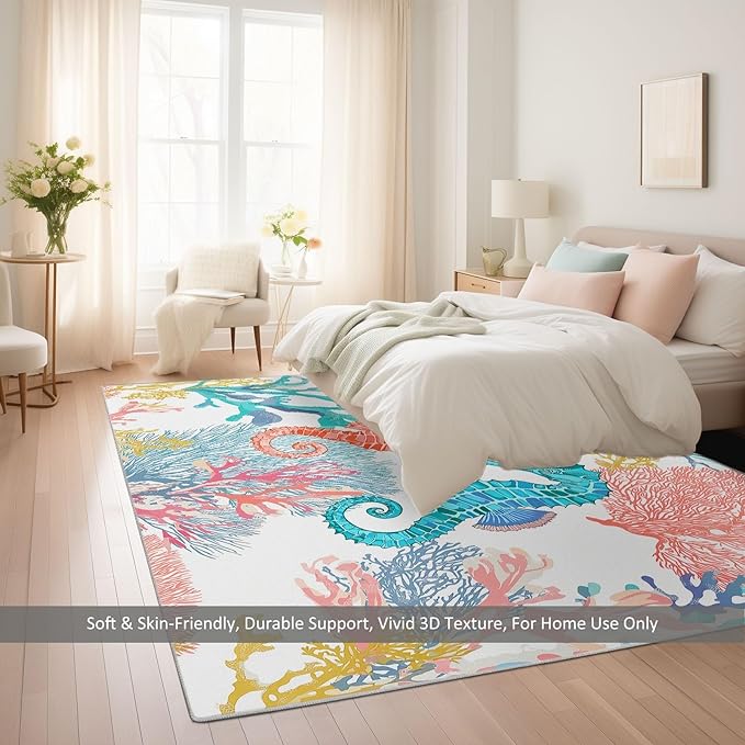 Washable Ocean Coral Seahorse Area Rugs 2×4ft Watercolor Style Non-Slip Floor Carpet for Kids Room Bedroom, Runner Rug for Hallway Kitchen Dining Room Home Office