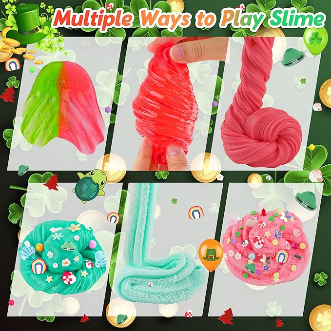 LAWOHO 6 Packs Red & Green Slime for Kids- Clear, Butter, Cloud Slime Making Kit with Glow in The Dark Add-ins & Charms, Slimes Kit for Boys & Girls Party Favors, Birthday St Patricks Day Easter