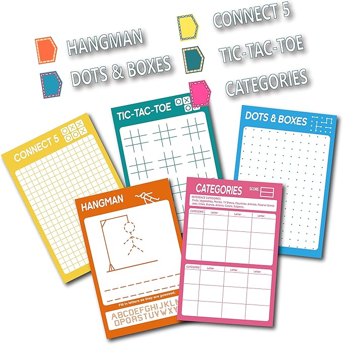 GRANDLMOON 5 Portable Travel Game Activities Pad On The Go Plane Trip Pen Pencil and Paper Game for Kids 6 x 9-inches (75 Sheets)