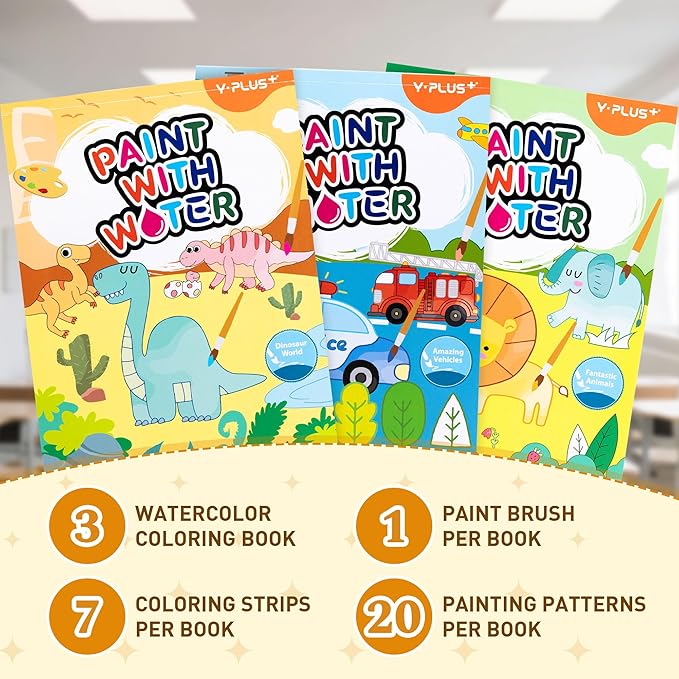 YPLUS Paint with Water Books for Toddlers, Art Craft Toys Watercolor Painting Paper, Gift for Kids Ages 1-3, 2-4, 4-6, Drawing with Brush - 3 Themes