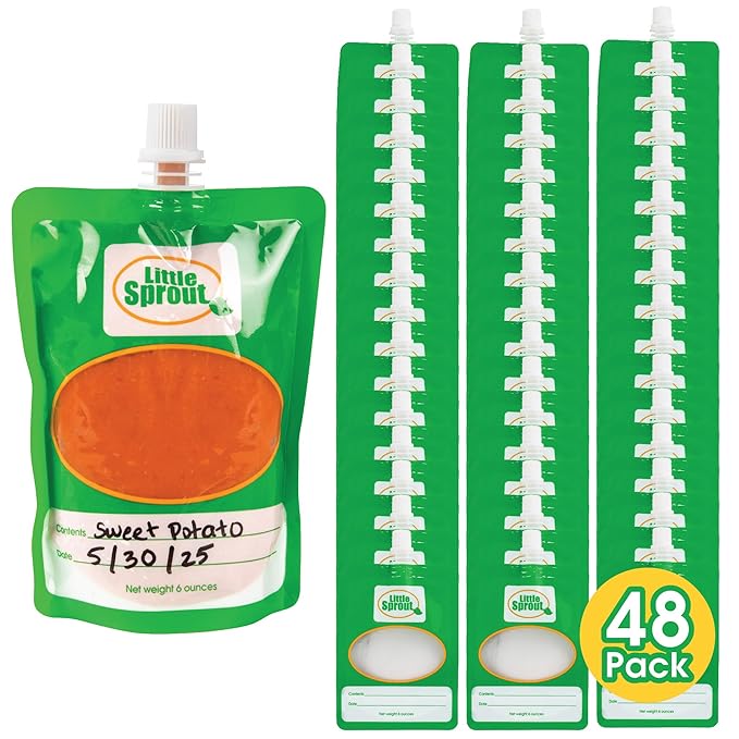 Disposable 6oz Baby Food Storage Pouch Containers, 48 Pack- Write What You Want Squeezable Pouches- Make Homemade Organic Food for Babies/Toddlers- Works with Most Filling Stations Including Infantino