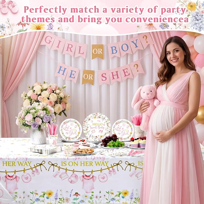 Pickmesh 194 Pcs Floral Baby Shower Girl Decorations for 24, Pink Baby Shower Paper Plates and Napkins Cups Tablecloth Cutlery for Spring Babys in Bloom It's a Girl Gender Reveal Party Supplies
