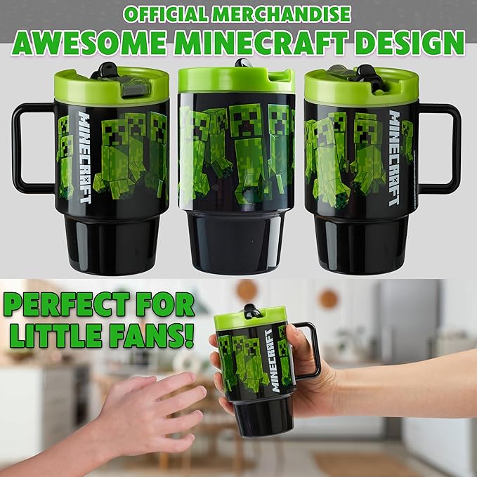 Get Trend Minecraft Kids Water Bottle with Straw 16.9 oz BPA Free Plastic Leakproof Cup with Lid Handle Reusable Drinking Tumbler Gifts for Kids (Green Minecraft)