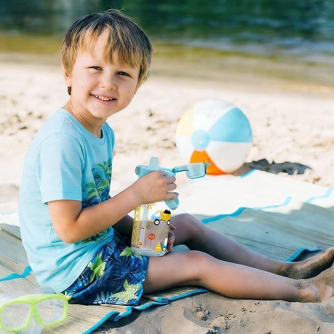 Queenshin Kids Excavator Construction Water Bottle 20oz BPA Free Tritan Boys School Outdoor Sports Leak Proof Water Cup with Straw Lid Handle Pop-Up Spout Cover