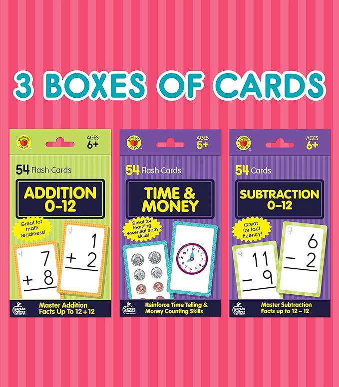 Carson Dellosa Education Time and Money, Addition and Subtraction Flash Cards, 3 Sets of Mathematics Flashcards, Kindergarten Learning Activities and Math Games for Kids 5-7