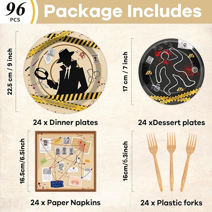OBUSATT 96 Pcs Detective Theme Paper Plates and Napkins Top Secret Agent Spy Birthday Party Supplies Escape Room Tableware Set for Kids Boys Girls Clue Games Party Decorations Favors for Serves 24