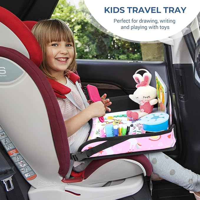COOLBEBE Kids Travel Tray for Toddler Car Seat, Portable Car Seat Lap Tray with 2 Cup Holders & 8 Markers, Pink Unicorn Travel Tray for Airplane, Road Trip Activities for Kids