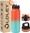 Oldley Insulated Water Bottle 20oz Water Bottles with Straw, Stainless Steel Water Bottle with 3 Lids, Double Wall Vacuum Bottels for Adults School Kids,Leak-Proof Sport Bottles, Ombre Orange-green
