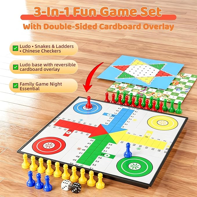 3 in 1 Magnetic Board Games Set for Kids Adults - Classic Travel Game Set with Chinese Checkers, Ludo, Snakes and Ladders, Educational Family Strategy Game with Folding 12.4 Inches Board & Piece