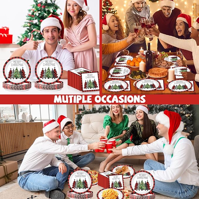 50Pcs Christmas Buffalo Plaid Tree Paper Plates and Napkins Red and Black Checkered Table Decoration Merry Christmas Disposable Party Tableware Set Serves 25 Guest Winter Xmas Holiday Party Supplies