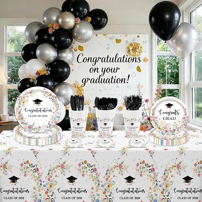 MEHOFOND 169pcs Wildflower Graduation Disposable Plates Napkins Cups Tablecloth Set Floral Congrats Grad Disposable Tableware Set for 24 for Class of 2026 Graduation Decorations