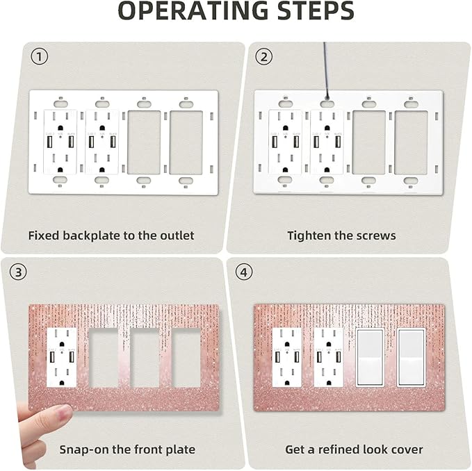 Pink Glittery Bling 4 Gang Quad Rocker/Decor Light Switch Cover Plate Decorative Electrical Faceplate for Bathroom Room Decorate Jumbo Size Screwless 8.3" x 4.6