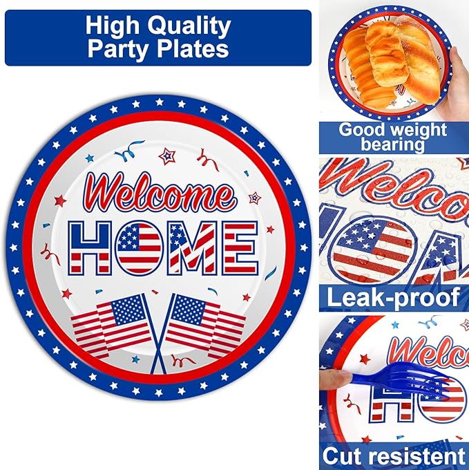 100Pcs Military Welcome Home Decorations Patriotic Army Soldier Homecoming Plates Napkins Proud of You Deployment Returning Party Decor Supplies Red White Blue Welcome Home Tableware Serve 25 Guests