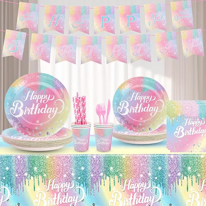 Rainbow Birthday Disposable Dinnerware Sets,Pink Birthday Party Supplies Plates Glitter Diamond Plates,Rose Gold Disposable Tableware Sets Girls Party Plates with Tablecloth Cup Banner Serve 24