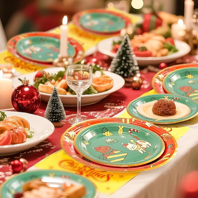 72PCS Christmas Plates and Napkins for Party Decorations, Set of 24 Merry Christmas Disposable Tableware Supplies, Cute Cats Themed Christma Paper Plates for Xmas Party