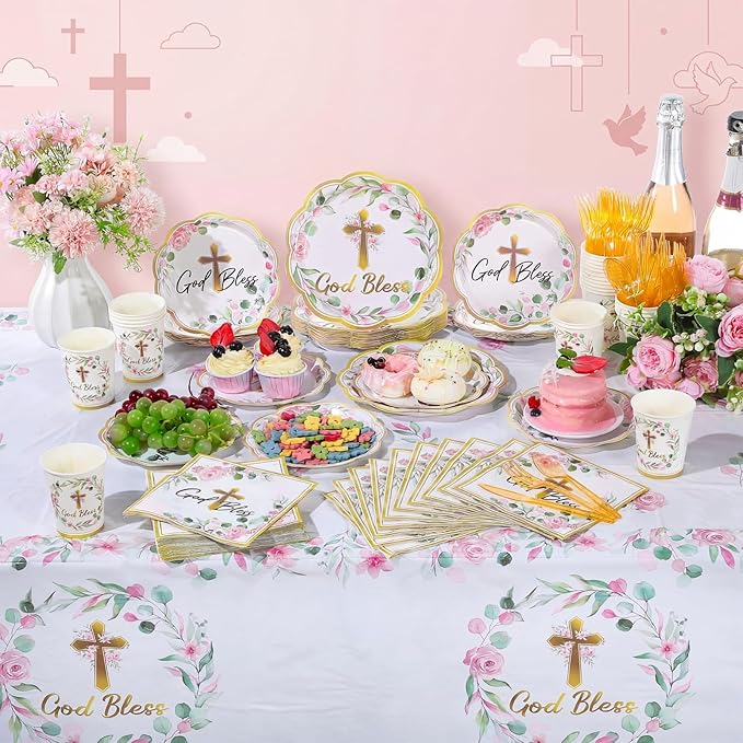 Pickmesh 194 Pcs God Bless Baptism Party Decoration Girl for 24, Pink Floral Baptism Confirmation Paper Plate Napkin Cup Tablecloth Cutlery for First Holy Communion Christening Baby Shower Supplies
