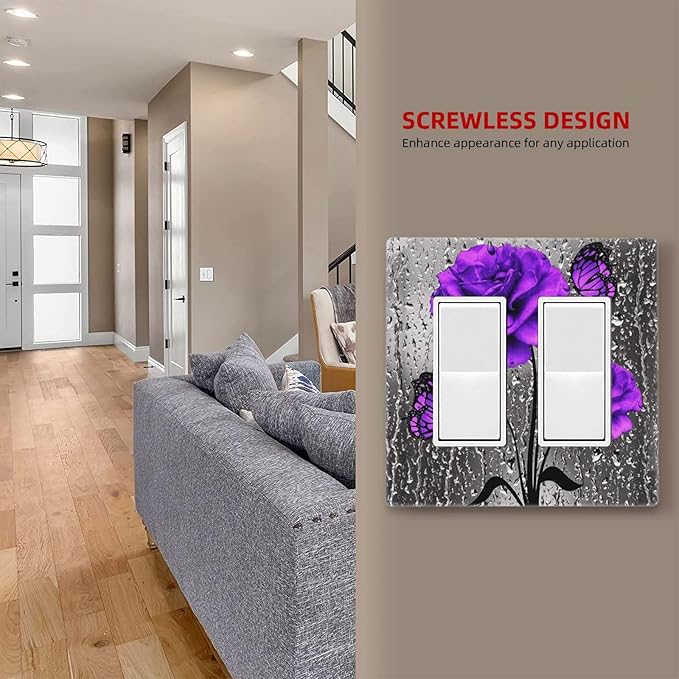Fashion Woman Purple Grey Rose Flowers Butterfly 2 Gang Double Decorator GFCI/Rocker Wall Plate Vibrant Blossom Floral Art Electrical Outlet Decorative Receptacle Cover Light Switch for Dimmer, USB