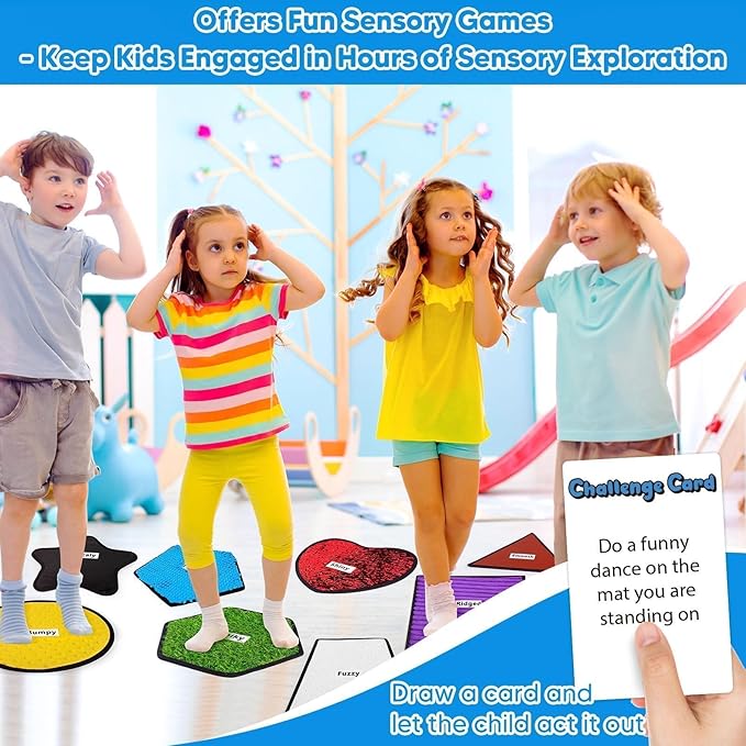 Garybank Labeled Sensory Mats w/Therapy Games for Autistic Kids, 8 Pcs Texture Mats w/48 Game Cards, Autism Kids Sensory Toys, Special Education Classroom Must Haves, Sensory Tile for Calm Down Corner