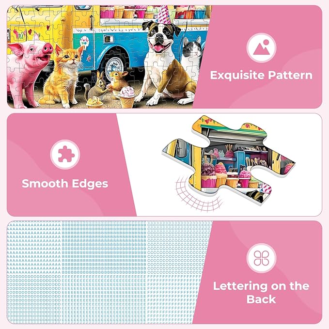 300 Piece Puzzle for Adult,Ice Cream Truck Jigsaw Puzzle,Unique Fun Colorful Summer Puzzle Large Piece,Cute Animal Puzzle for Teens Seniors,Challenging Family Activity Game Gift for Family,20.5*15In