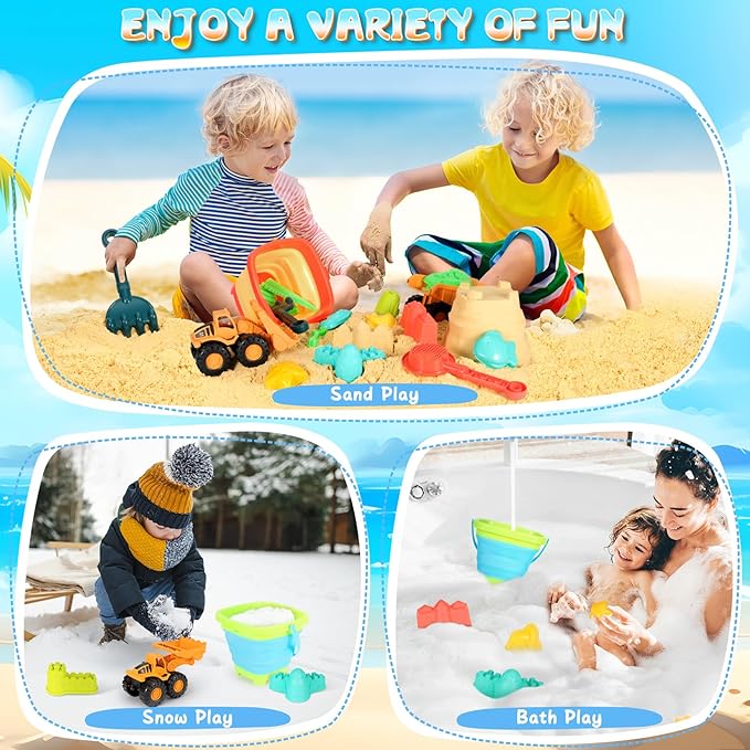 HUITEM Beach Sand Toys for Kids, 29PCS Sandbox Toys with 2 Collapsible Bucket Sand, 2 Dump Truck, Dinosaur Molds, Castle Building Kit, Shovel Sieve,Flags,Mesh Bag Travel Beach Toys for Toddler 3-10