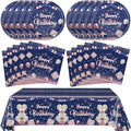 41Pcs Navy Blue Rose Gold Birthday Decorations Happy Birthday Party Tableware Set Include Paper Plates Napkins and Plastic Tablecloth Disposable Dinnerware Decorations for Women Men Party Table Decor
