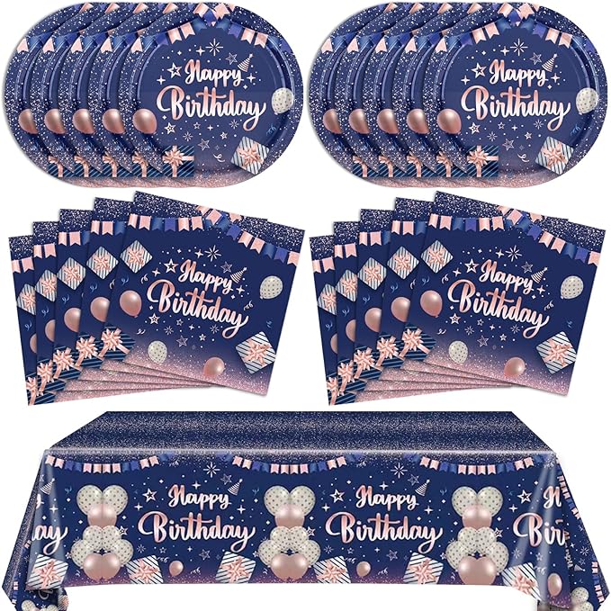 41Pcs Navy Blue Rose Gold Birthday Decorations Happy Birthday Party Tableware Set Include Paper Plates Napkins and Plastic Tablecloth Disposable Dinnerware Decorations for Women Men Party Table Decor