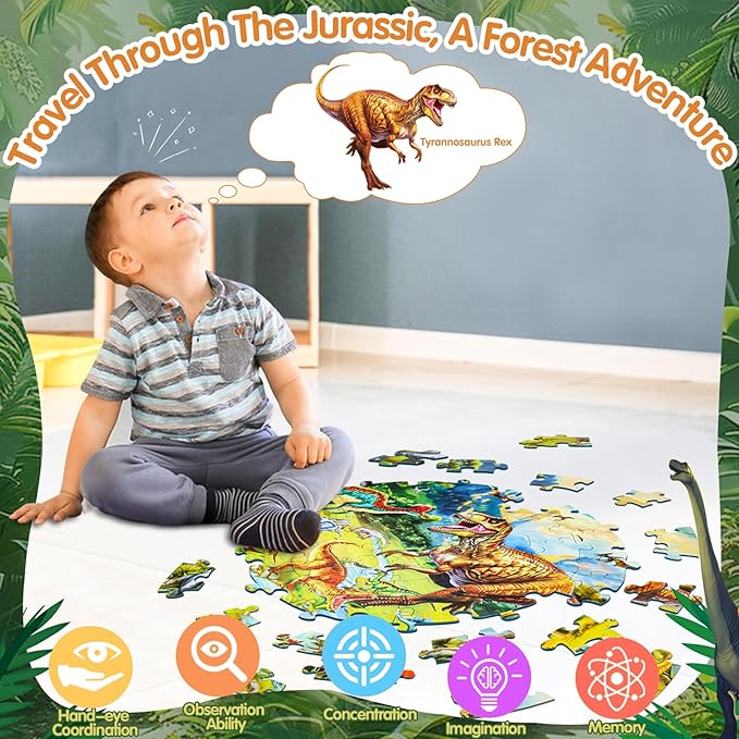 Glow-in-The-Dark Dinosaur Floor Puzzles for Kids Ages 4-6, Kids Jigsaw Puzzles Ages 6-8, 70PCS Large Round Dino Educational Puzzle Toys for 3 4 5 6 7 8 Years Old Children, Easter Gifts for Kids