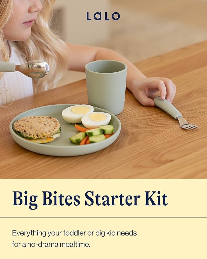 Lalo Big Bites Kids Dinnerware Starter Set - Dishwasher Safe, BPA Free, Kids Tableware Set - Includes Stackable Bowl, Plate, Utensils & Cup - 5 Pieces - Lavender