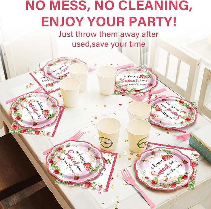 Qyeahkj 100 Pcs Strawberry Baby Shower Party Plates Napkins Forks Supplies Set Sweet Berry Tableware Party Supplies A Berry Sweet Baby Is On The Way Strawberry Dinnerware Decorations Favors Serve 25