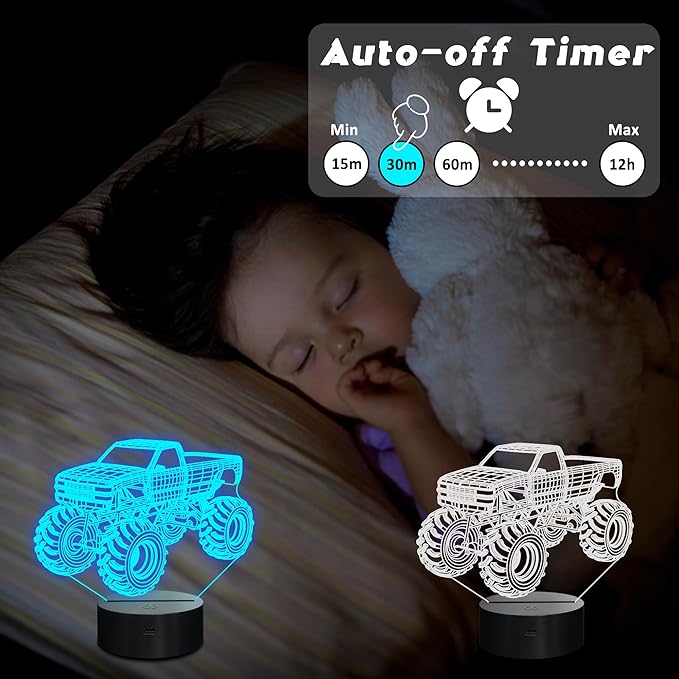 CoolGift Mart Monster Trucks Night Light for Boys, 3D LED Optical Illusion Lamp with Remote Control and Timer, Perfect Christmas and Birthday Gift Idea for Boys, Kids, and Teens