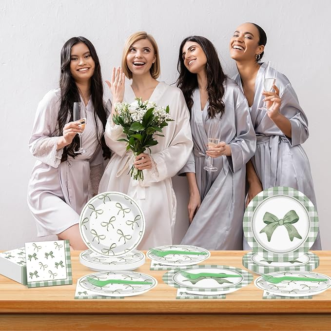 CHUNNIN 96Pcs Green Plaid Bow Spring Plates and Napkins Party Decorations Bow Theme Dessert Paper Plates Napkins Birthday Tableware Set for 24 Guests Girls Baby Shower Picnic BBQ Party Suppliess