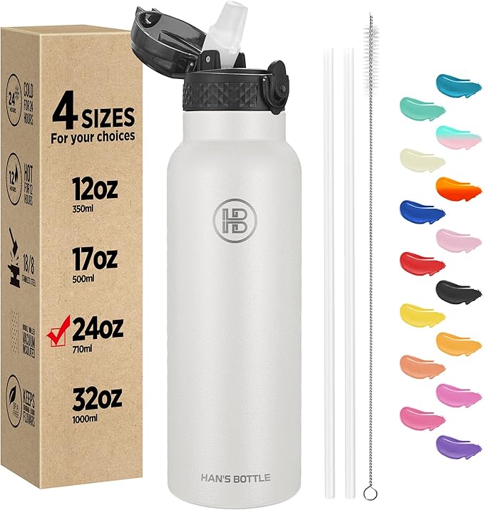 Han's Bottle Sports Water Bottle - 24 Oz, Straw Lid, Leak Proof, Vacuum Insulated Stainless Steel, Double Walled, Thermo Mug,White