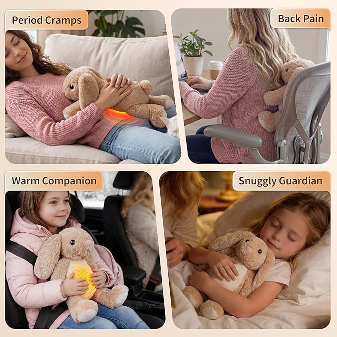 Rabbit Heated Stuffed Animal, Bunny Heating Pad for Period Cramps, USB Powered Heating Pad with Auto Shut Off,Warm Plushie for Belly Back Shoulder Pain Relief,Anxiety Relief, Gift for Mom Women