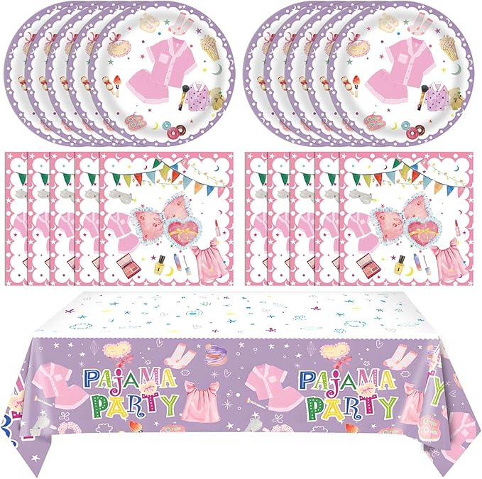 41Pcs Pajama Party Decorations Tableware Set Sleepover Party Supplies For Girls Include Pajama Plates Napkins Tablecloth丨Girls Slumber Party Spa Party Bachelorette Party Birthday Party Decor,Serve 20