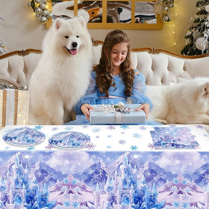 41Pcs Winter Wonderland Decorations Snowflake Castle Party Supplies Blue Purple Snowflake Plates Napkins Tablecloth, for Winter Birthday, Baby Shower, Princess Party Decor, Classroom Celebration