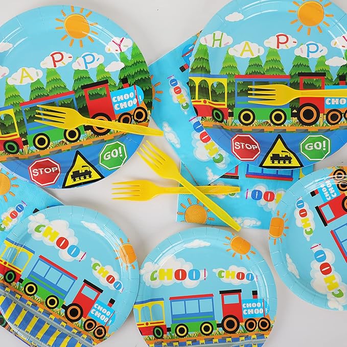 gisgfim 96 Pcs Train Plates and Napkins Party Supplies Train Birthday Party Tableware Set Train Theme Party Decorations Favors for Birthday Baby Shower Serves 24 Guests