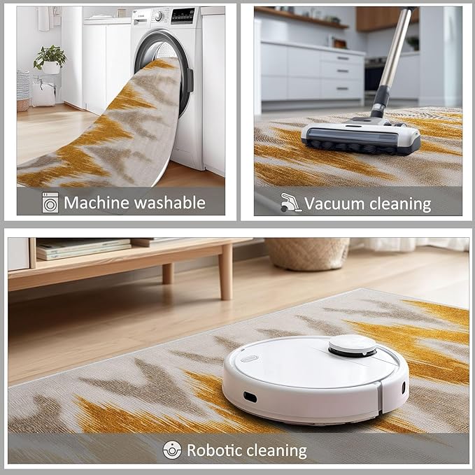Abstract Chevron Stripes Area Rugs 2×5ft Yellow and Gray Shabby Chic Soft Non-Slip Rug for Bedroom Hallway, Ultra-Thin Low Pile Carpet for Kitchen Dining Room