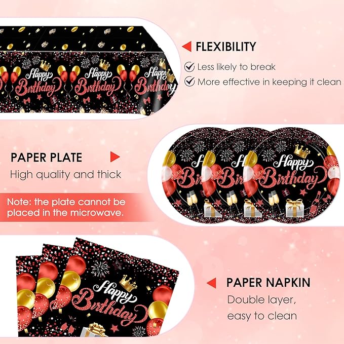 Red and Black Birthday Decorations,Disposable Party Tableware Supplies Set,Include Red Paper Plates Napkin Tablecloth,Suitable for Birthday Decoration for Men,Women,Boys and Girls,Serves 20
