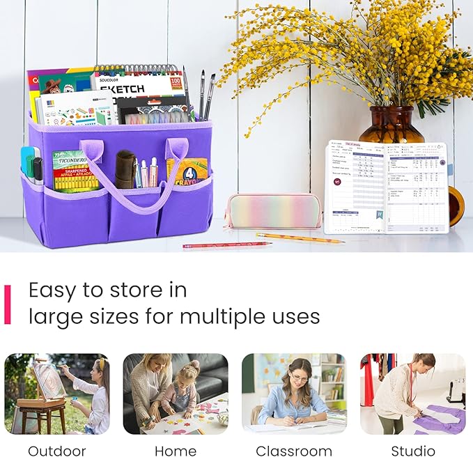 Godery Desktop Tote and Organizer, Teacher Helper caddy Bag for Arts, Books, Stationery, Office Desk Organization, Make-up Storage with Handles for Travel (Purple)