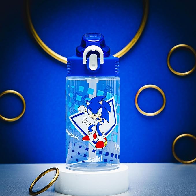 Zak Designs Sonic the Hedgehog Sage Water Bottle For School or Travel, 16oz Durable Plastic Water Bottle With Straw, Handle, and Leak-Proof, Pop-Up Spout Cover (Sonic, Eggman)
