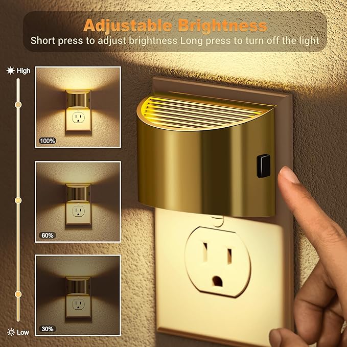 JandCase LED Night Lights Plug into Wall, 2 Pack Gold Modern Night Lights, Dusk to Dawn Sensor Nightlight,0-100LM Brightness Adjustable, 3000K Soft White