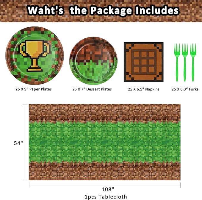 Pixel Party Paper Plates and Napkins Supplies - Serves 25 - 9" & 7" Paper Plates Napkins Forks Tablecloth - for Baby Shower Video Game Pixelated Themed Birthday Supplies