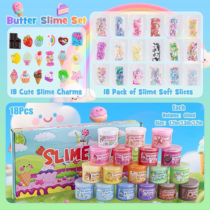 18 Pack Slimes, Slime Kids, Butter Cloud Slime kit for Girls Ages 8-12, Toys for Girls and Boys, Slime Party Favors Goodie Bag Stuffers, 4 5 6 7 8 9 10 Year Old Girl Birthday Gift Cute Stuff