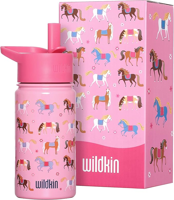 Wildkin Kids 14oz Stainless Steel Water Bottle – BPA-Free, Leakproof, Insulated, Easy-Clean - Horses
