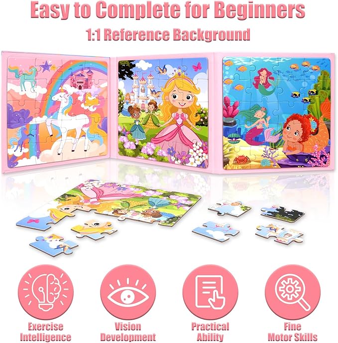 Magnetic Puzzles for Kids 3-5, 3-in-1 Princess Unicorn Mermaid Travel Puzzles for Kids Ages 4-6, Car Airplane Road Trip Activities Toys, Easter Day Gifts for Girls