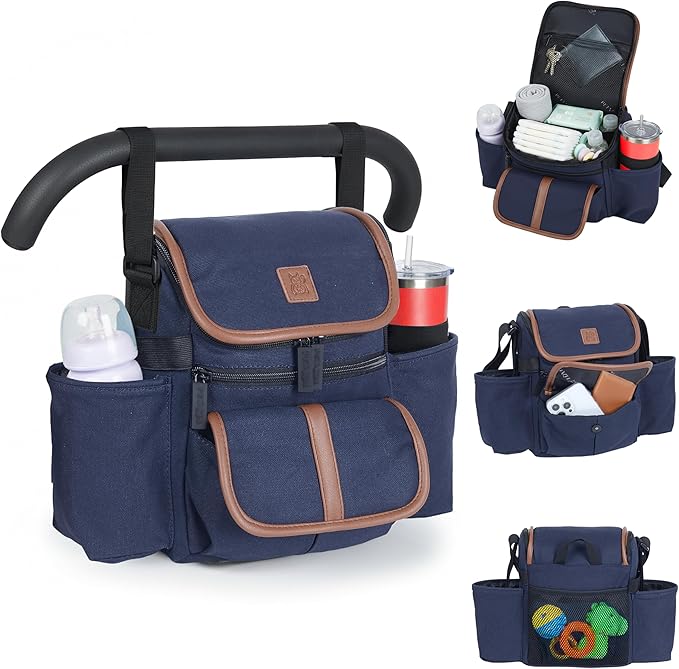 Baby Stroller Organizer Caddy with 2 Cup Holders — NT·hut CarryZee Universal Stroller Bag, Bottle Straps, Magnetic & Zippered Pockets, Fits 11" Tablet, Water Resistant 600D Oxford (Blue)