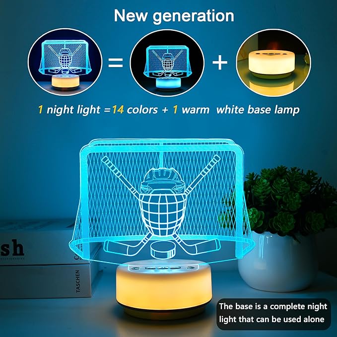 Ice Hockey Gifts Night Light for Kids-Sports Ice Hockeys Decor Bedside Lamp for Ice Hockey Fan, 14 Color with Remote Control / Buttons + Timer + Dim Function, Birthday Holiday Gift for Boys & Girls