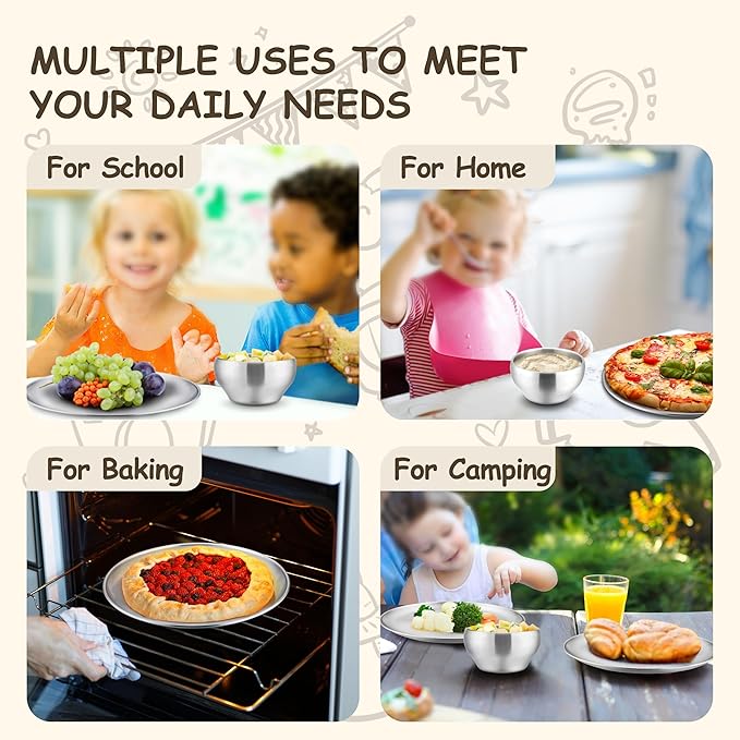 HaWare Kids Plates and Bowls, 12 Pieces Stainless Steel Dish Set, Reusable Dinnerware for Camping, Hiking, Travel, Picnic, Non-toxic Tableware set for Kids Self-feeding, Dishwasher Safe