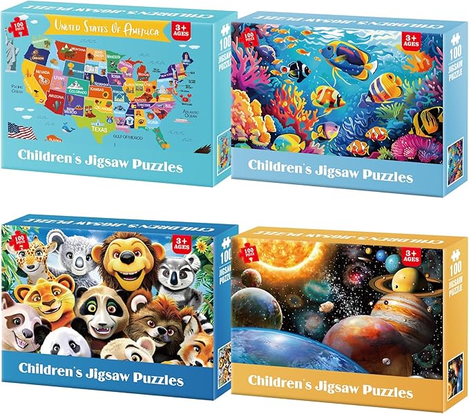 Jeacirio 4 Pack 100 Piece Puzzles for Kids Ages 4-6 - Jigsaw Puzzles for Kids Ages 6-8 8-10 100 Piece Jigsaw Puzzle for Adults Toddler Children Learning Educational Puzzles Toys Gifts for Girls Boys
