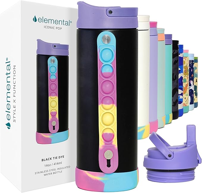 Elemental Iconic Kids Water Bottle for School - 100% Leak-Proof Insulated Water Bottles with Straw Lid & Pop-It Handle for Boys & Girls - Triple-Wall Insulated & BPA-Free, 14oz – Black Tie Dye